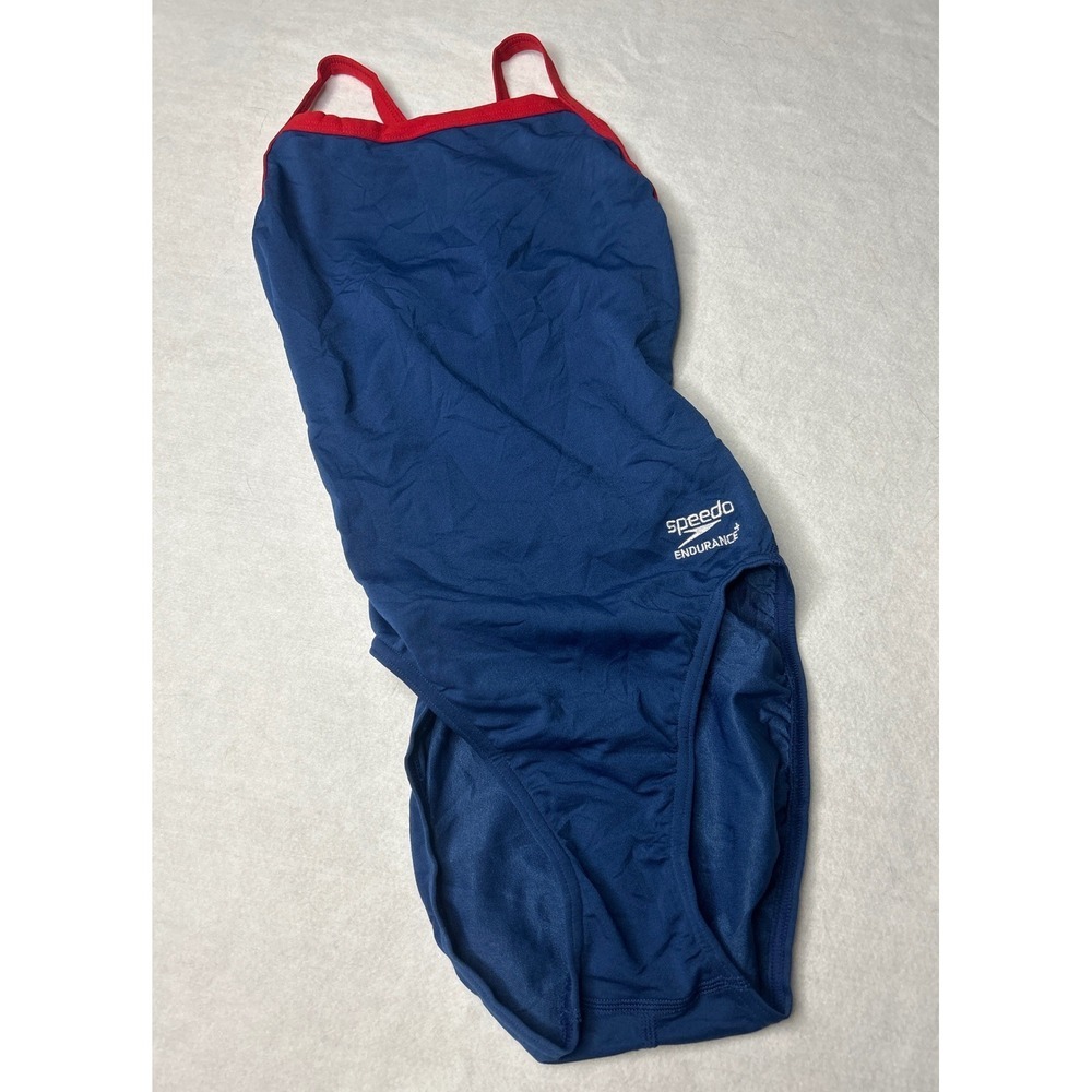 Speedo Endurance+ One Piece Swimsuit Navy Blue Red Trim Size 26